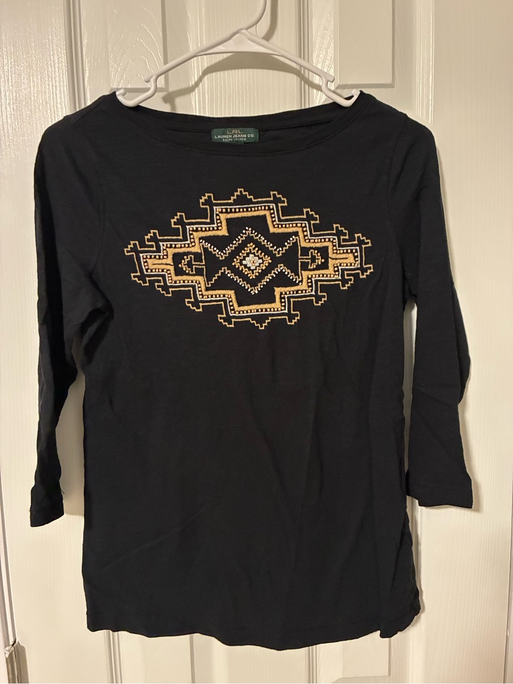 Ralph Lauren Black Long-Sleeve Top with Tan Geometric Embroidery